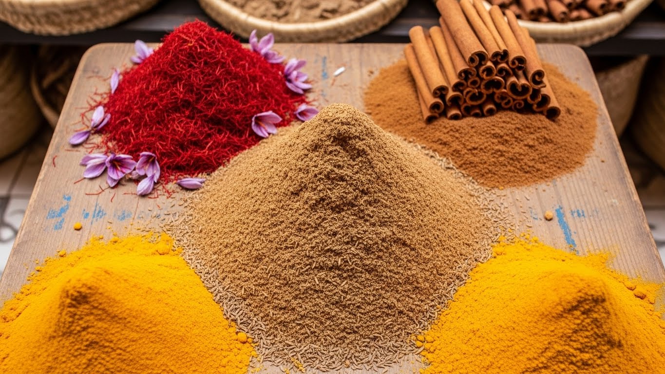 Épices essentielles de la cuisine maghrébine - Cumin, Safran, Curcuma, Cannelle