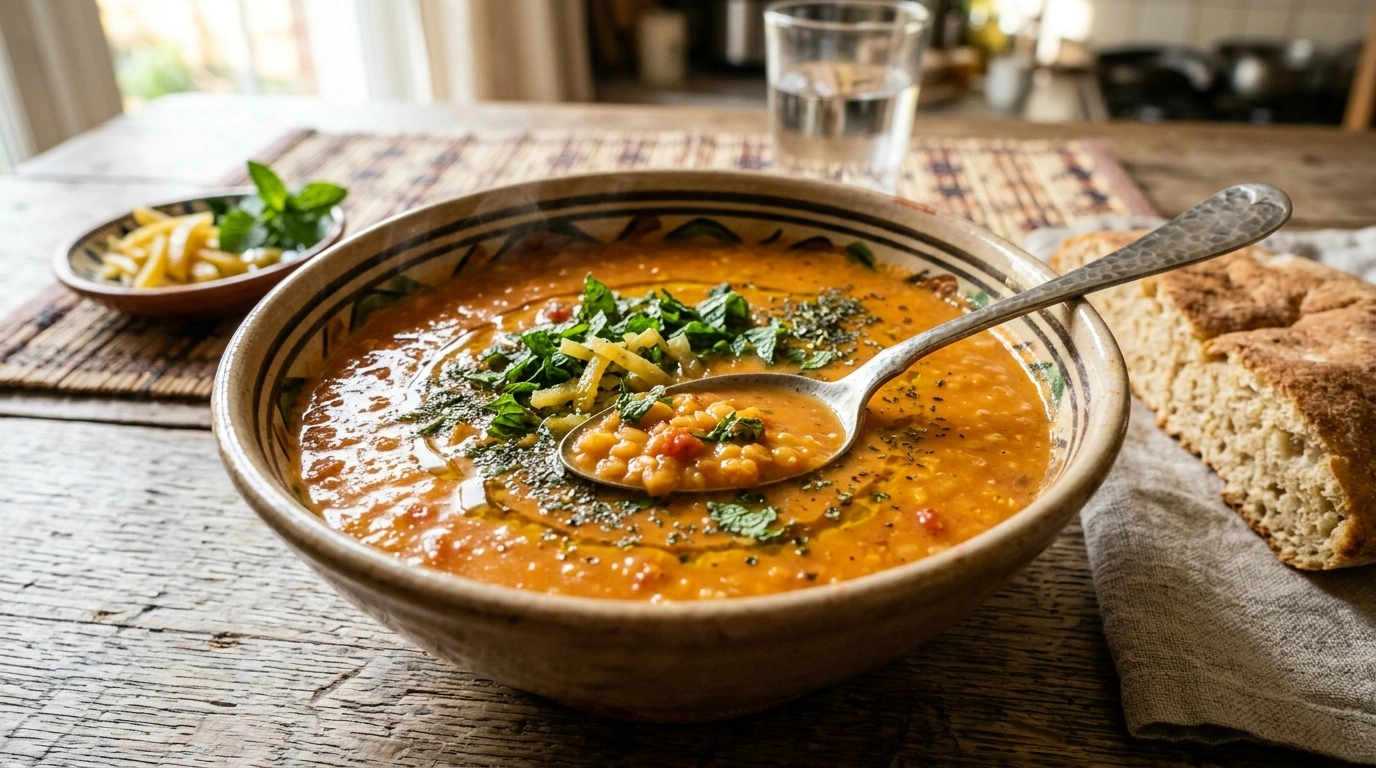 Chorba Libyenne aux Lentilles Corail : Soupe Veloutée au Citron Confit et à la Menthe