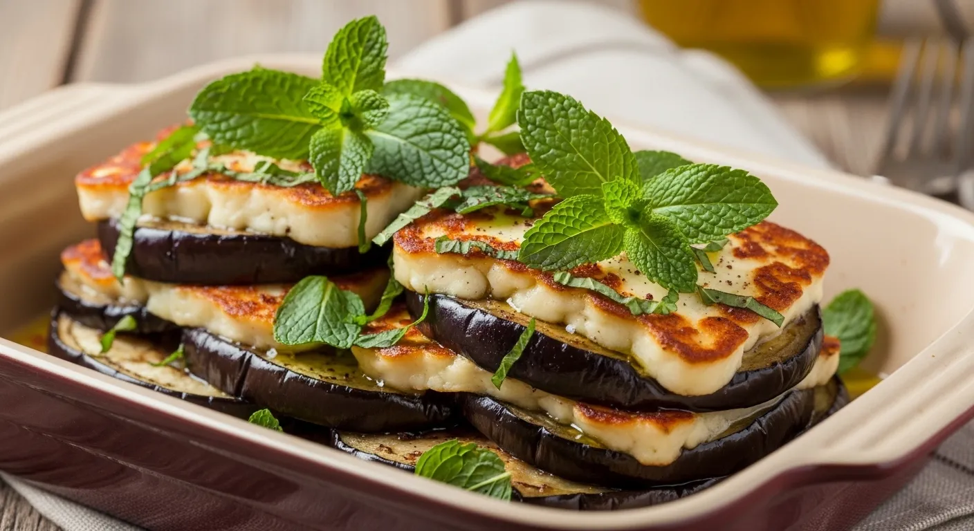 Mbatten d&amp;#039;Aubergines Rôties au Halloumi et à la Menthe Fraîche - Recette Libyenne
