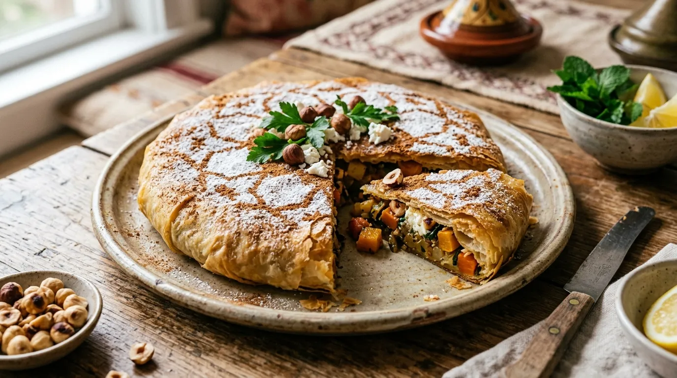 Pastilla Végétarienne aux Légumes d&amp;#039;Hiver, Noisettes et Fromage Frais : Recette Marocaine Facile