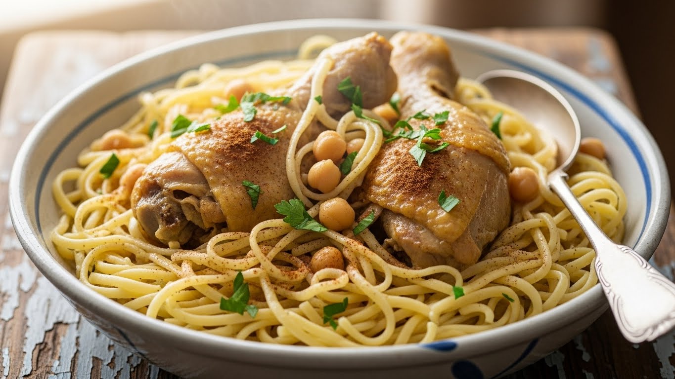 Rechta au Poulet - Plat traditionnel algérien aux pâtes fraîches avec poulet et légumes