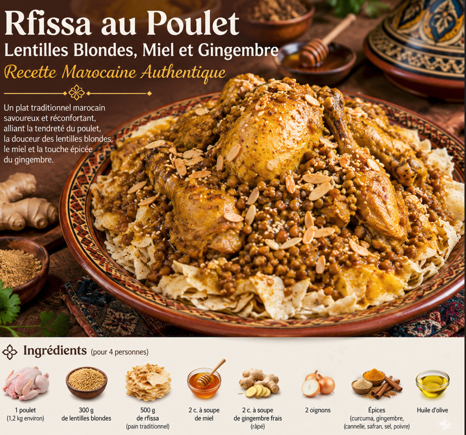 Rfissa au Poulet, Lentilles Blondes, Miel et Gingembre : Recette Marocaine Authentique