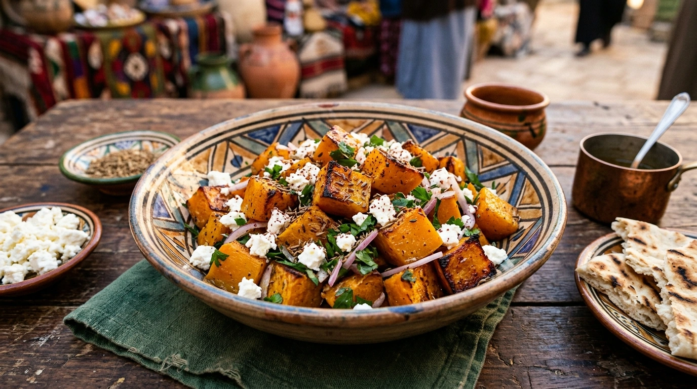 Salade de Potimarron Rôti au Cumin et Fromage Feta - Recette Libyenne Authentique