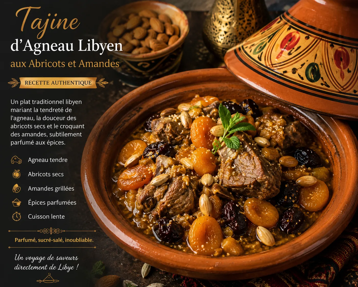 Tajine d’Agneau Libyen aux Abricots et Amandes : Recette Authentique